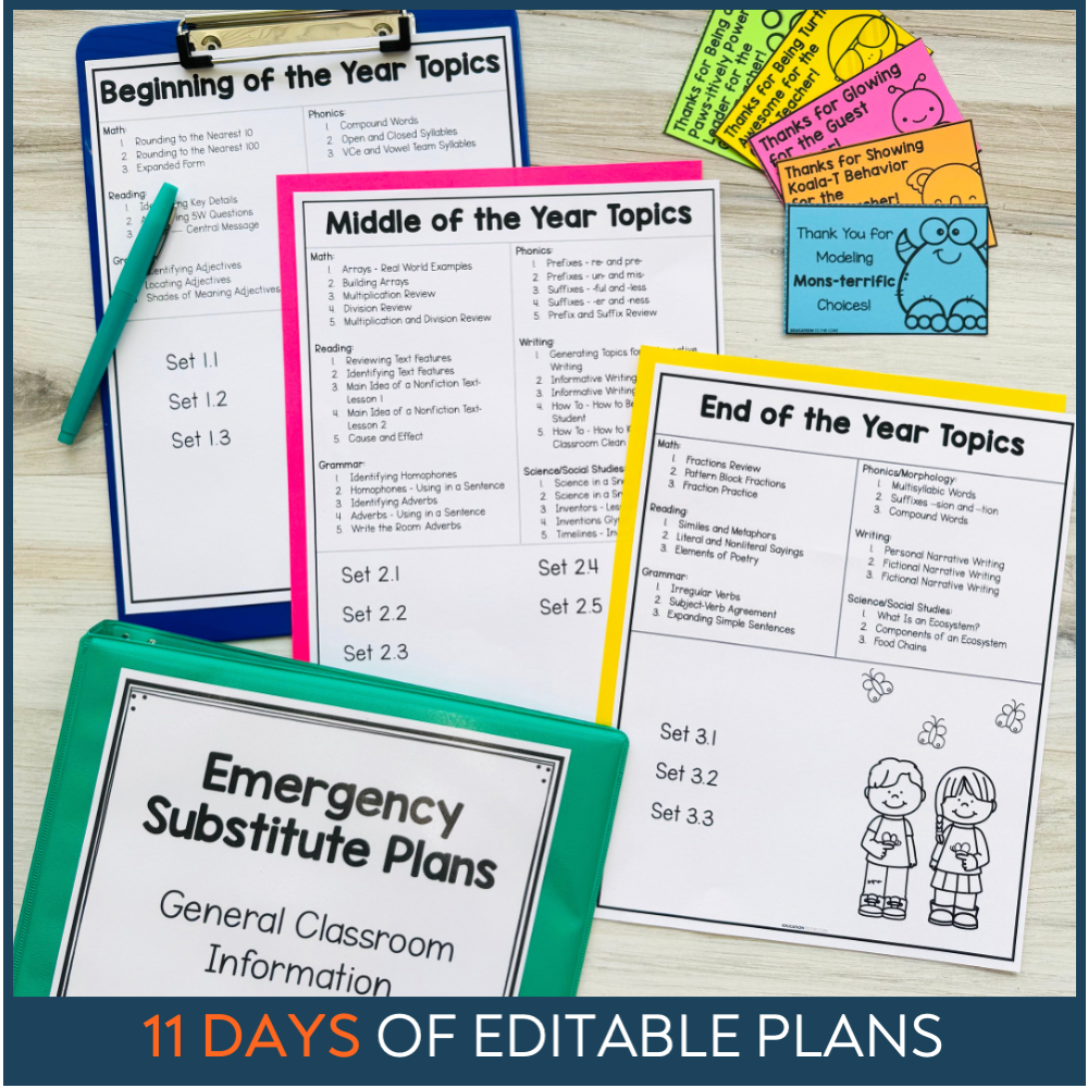 3rd Grade Editable Sub Plans